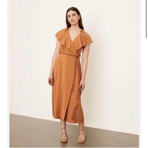 VINCE Wrap-effect ruffled tan midi dress size M